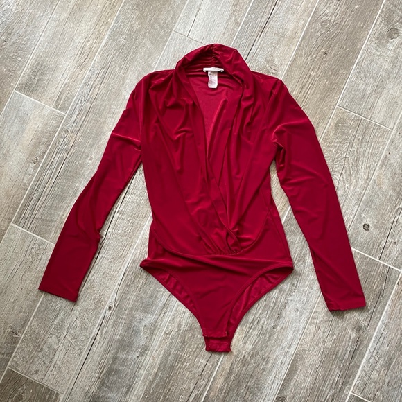 Body Central Tops - Body Central Red Deep V-neck Bodysuit